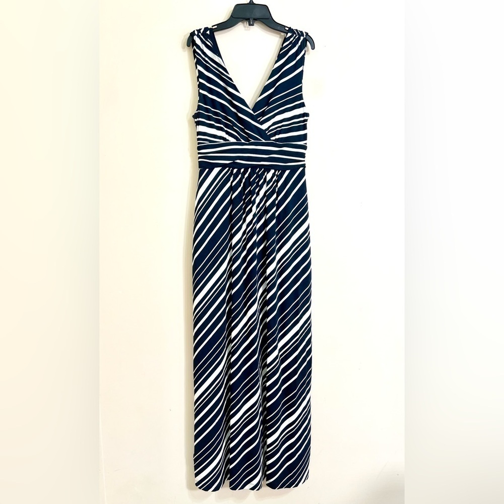 ANN TAYLOR Women’s V Neck Blue White Stripe Sleeveless Maxi Knit Dress Size‎ XS